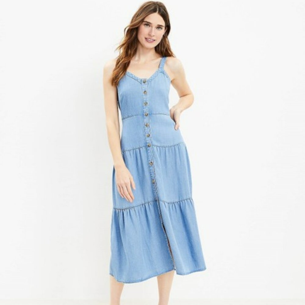 Chambray Strappy Tiered Button Midi Dress